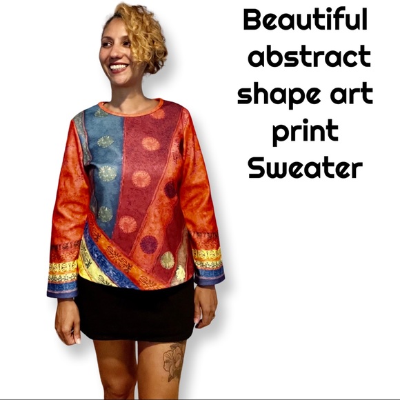 NWOT MISSLOOK Abstract Shapes Art Color Print W/ Long Bell Sleeves Tunic Size L - Picture 1 of 10